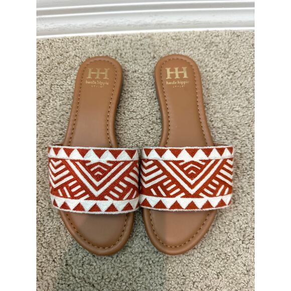 HAUTE HIPPIE | Rust & White Geometric Slide Sandals Boho | Size 8 - Picture 4 of 7